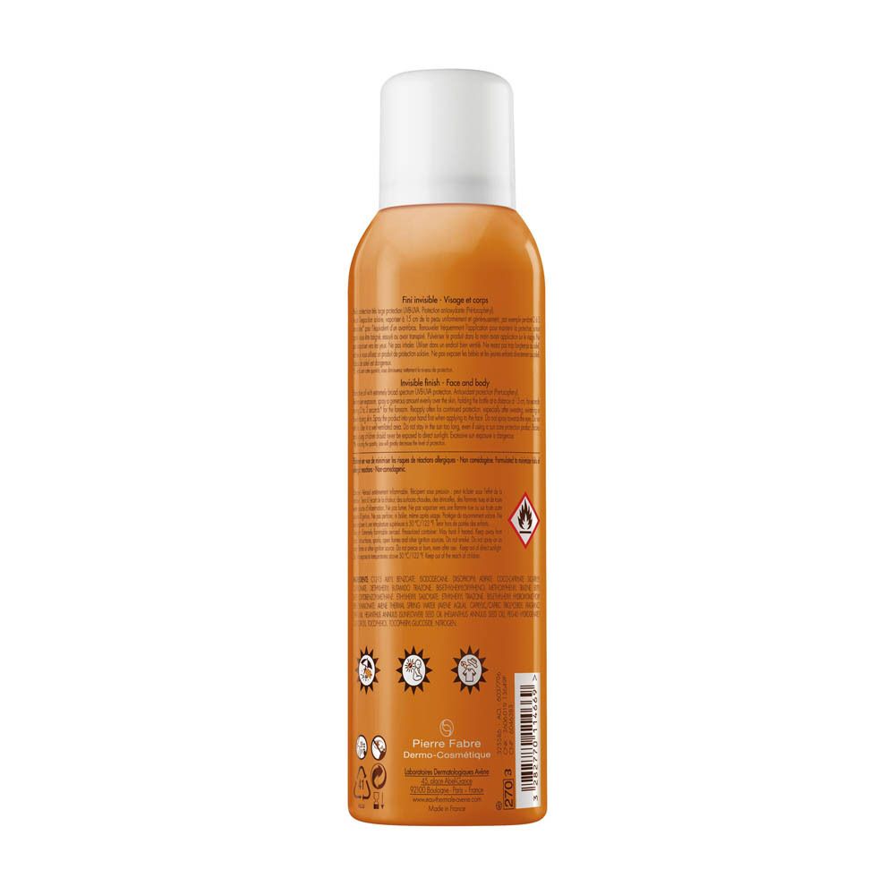 Spray solaire Avene. Dos du flacon orange avec texte. Bouchon blanc.