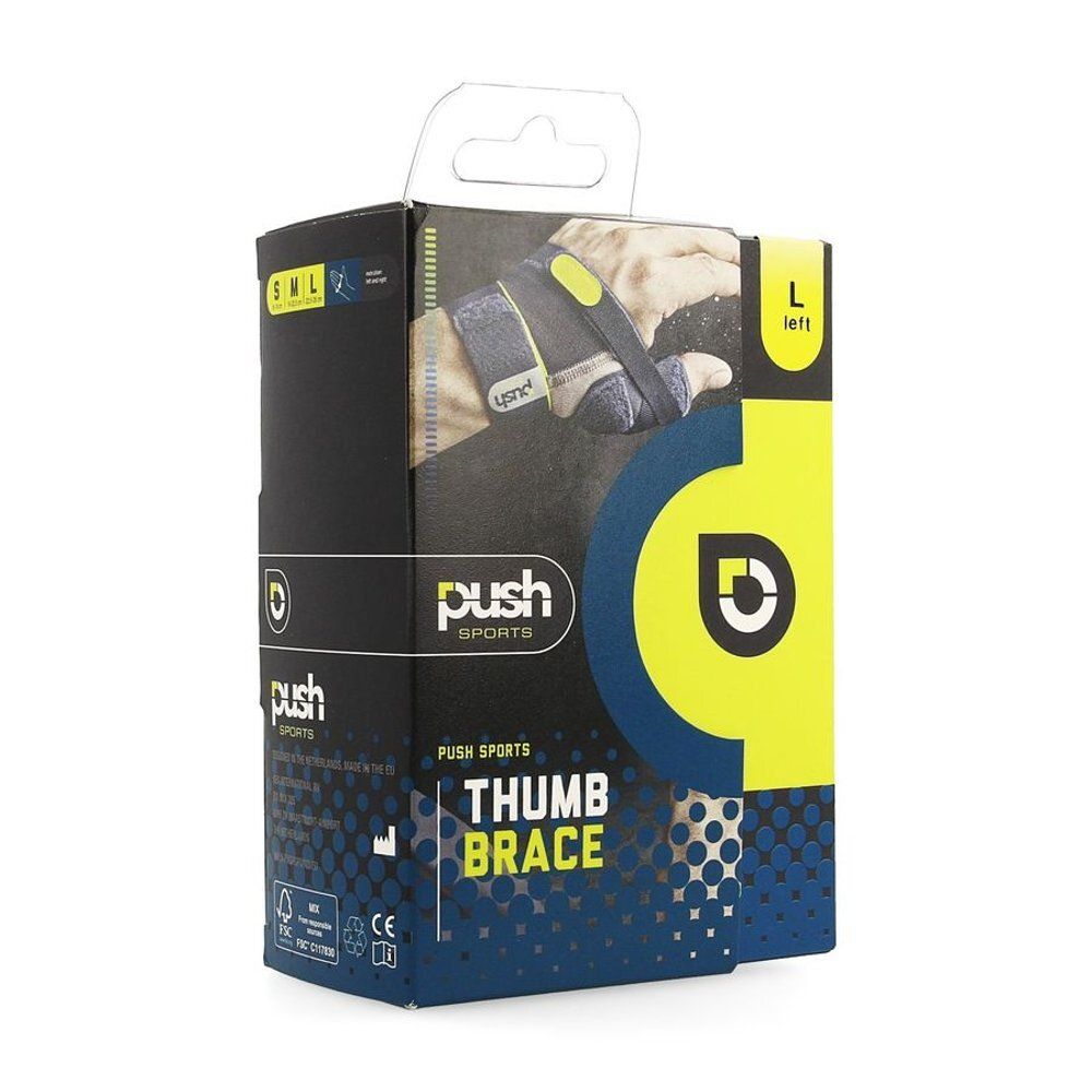 Verpakking van Push Sports duimbrace. Zwarte doos met productafbeelding en logo. Gele en blauwe accenten.