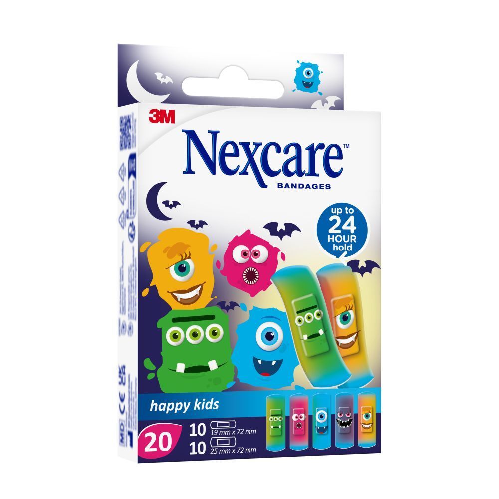 Nexcare happy kids pleisters. 20 stuks, 10 x 19mm en 10 x 25mm x 72mm. Monsterontwerp. Verpakking met 3M logo.
