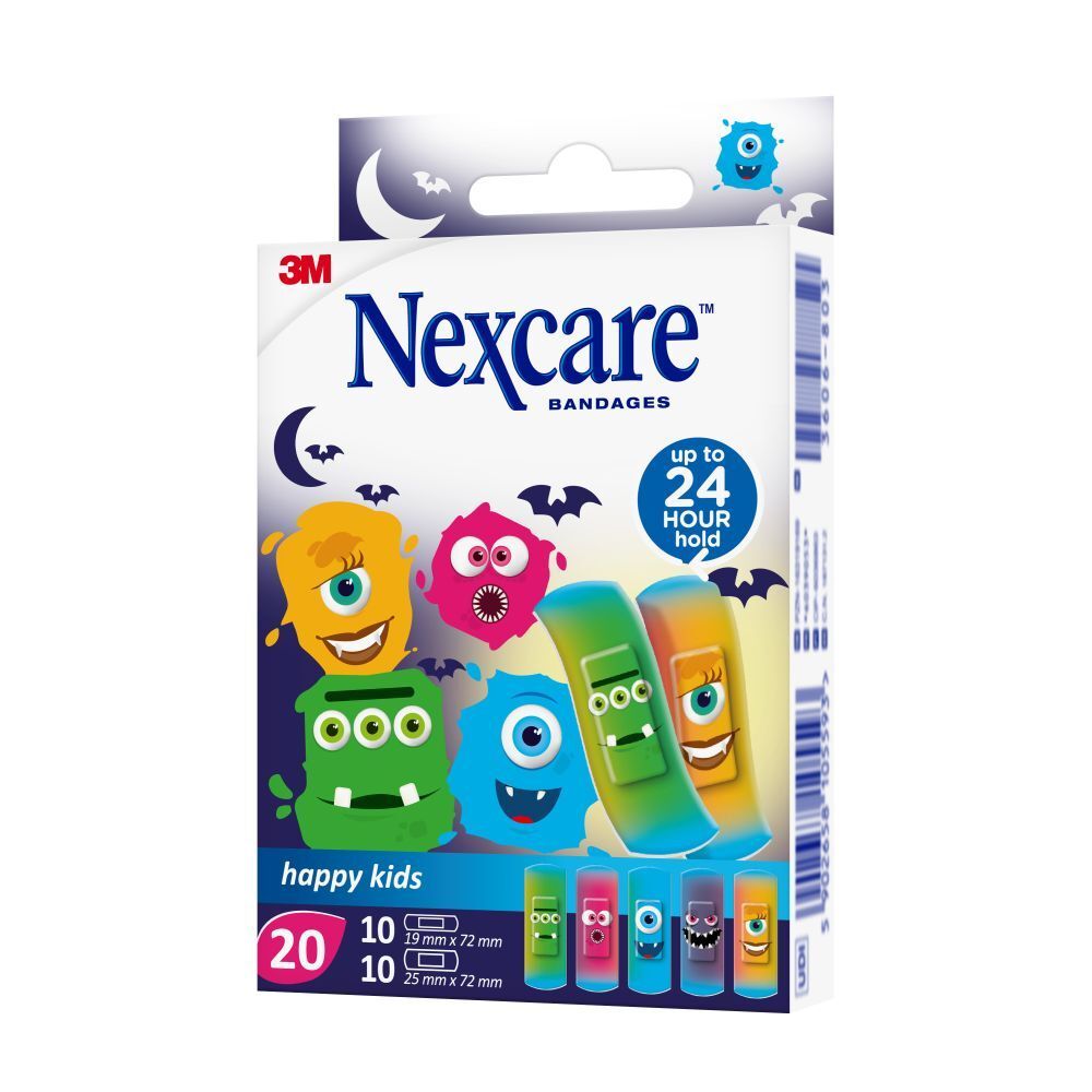 Achterkant van de Nexcare happy kids pleisterverpakking. Informatie in het Duits, Italiaans, Nederlands en Frans.