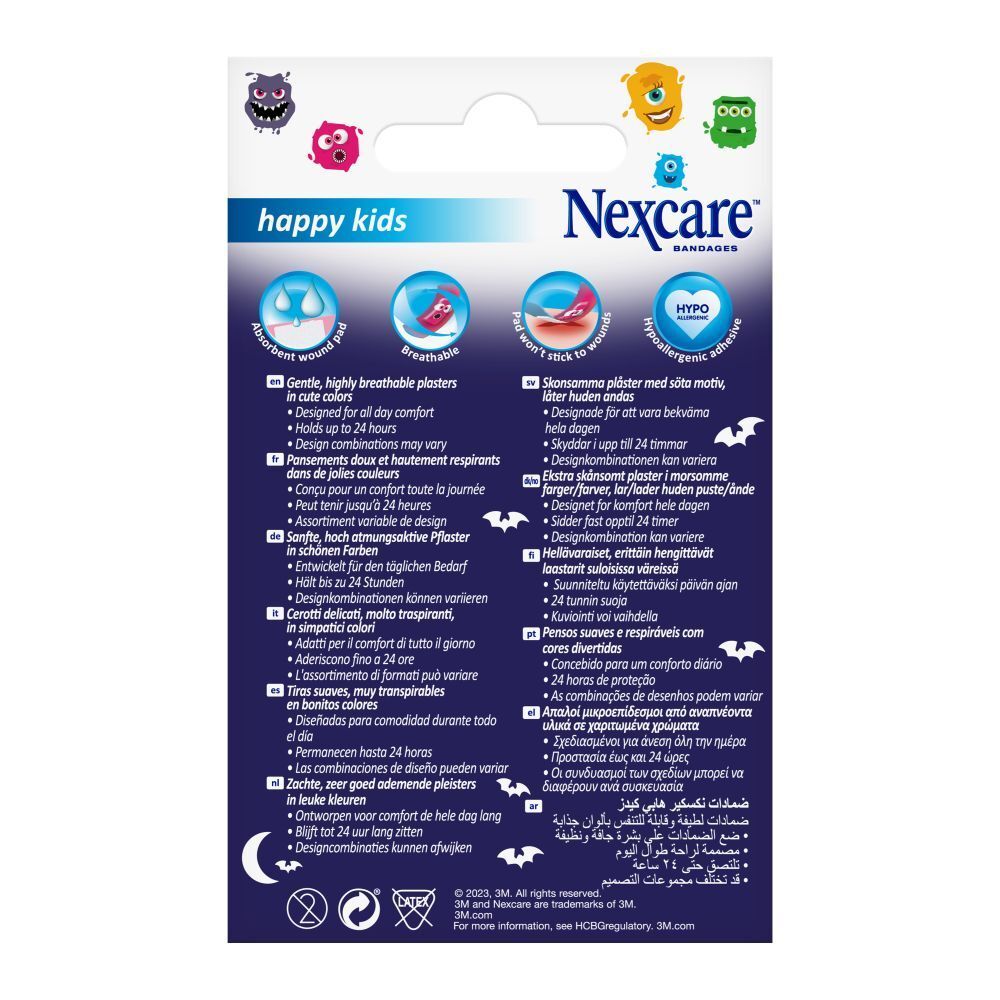 Achterkant van de Nexcare happy kids pleisterverpakking. Informatie in het Duits, Italiaans, Nederlands en Frans.