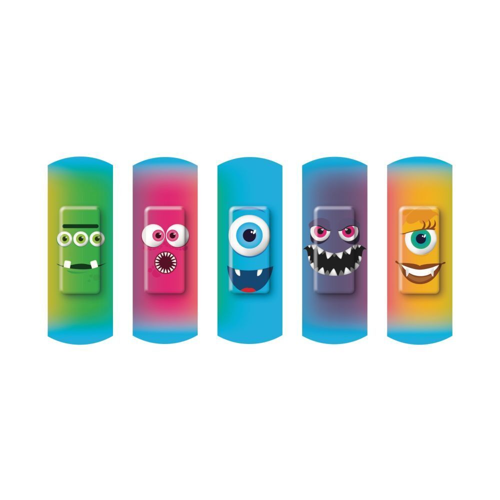Vijf pleisters met monsterontwerp. Blauwe, groene, roze, paarse en gele kleuren. Verschillende monstergezichten.
