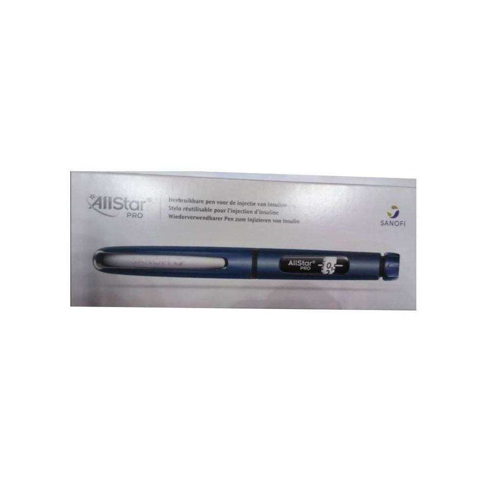 Blauwe AllStar PRO insuline-injector met digitale dosisweergave.