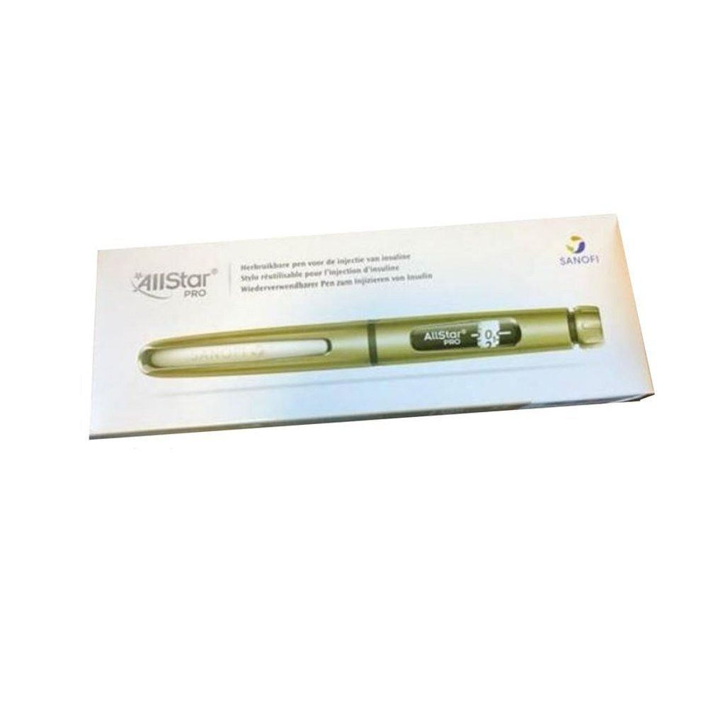 Gouden insulinepen met digitaal display op verpakking.
