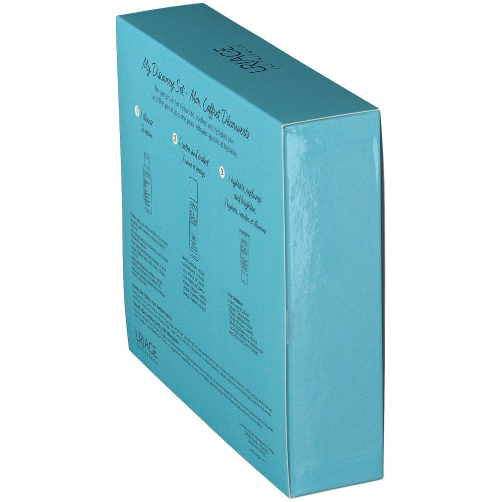 Lichtblauwe doos, zijaanzicht. Tekst en productafbeeldingen. Uriage-logo bovenaan. Meertalige tekst.