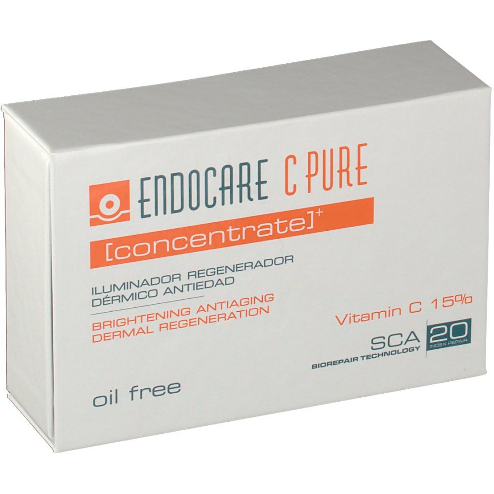 Witte doos met oranje streep. Opschrift: Endocare C Pure Concentrate, Vitamine C 15%, SCA 20.