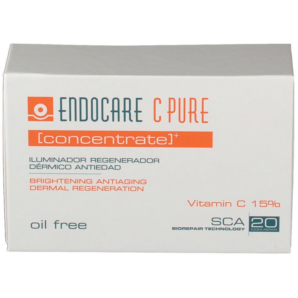 Witte doos met oranje streep. Opschrift: Endocare C Pure Concentrate, Vitamine C 15%, SCA 20.
