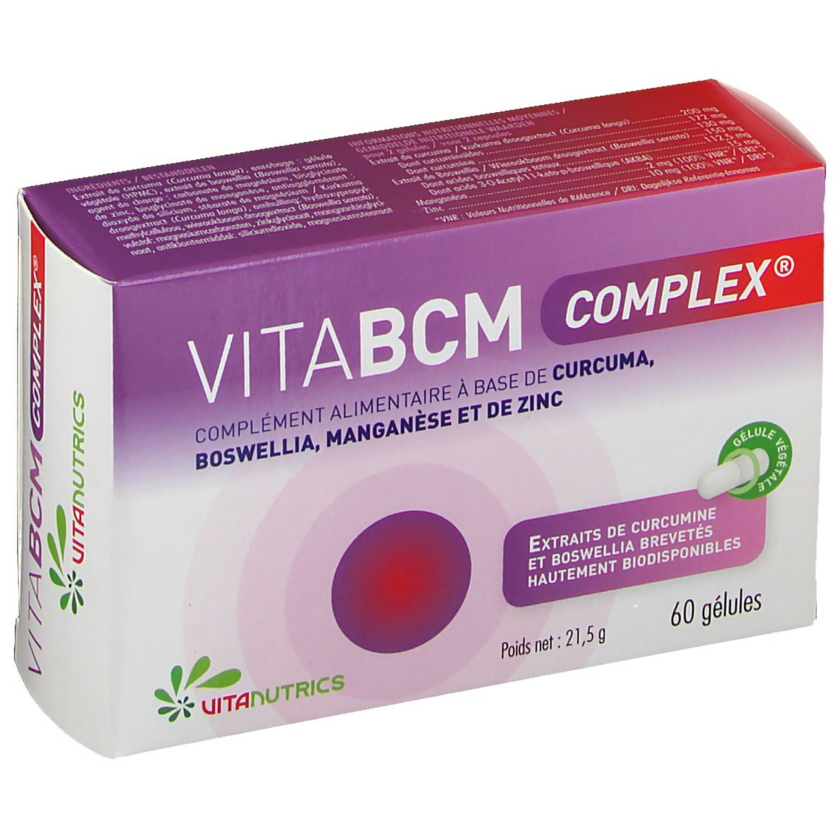 Boîte de VitaBCM COMPLEX. Inscription: Complément alimentaire à base de curcuma, boswellia, manganèse et zinc. 60 gélules.