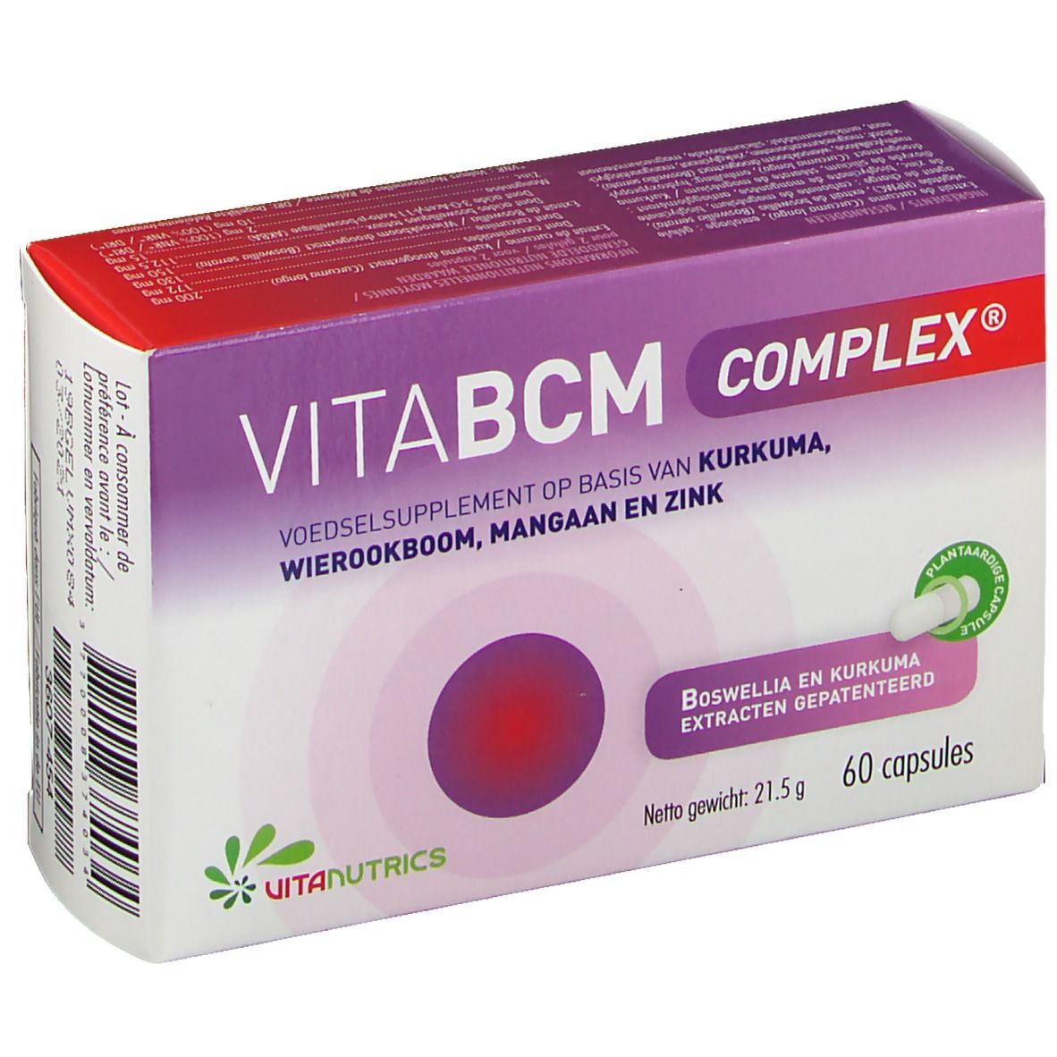 Boîte VitaBCM COMPLEX. Inscription: Complément alimentaire à base de curcuma, boswellia, manganèse et zinc. 60 gélules. Détail des ingrédients.