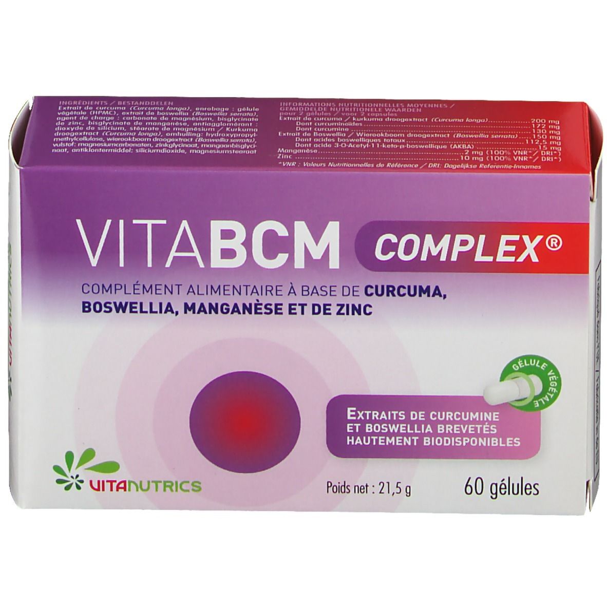 Boîte VitaBCM COMPLEX. Inscription: Complément alimentaire à base de curcuma, boswellia, manganèse et zinc. 60 gélules. Détail des ingrédients.