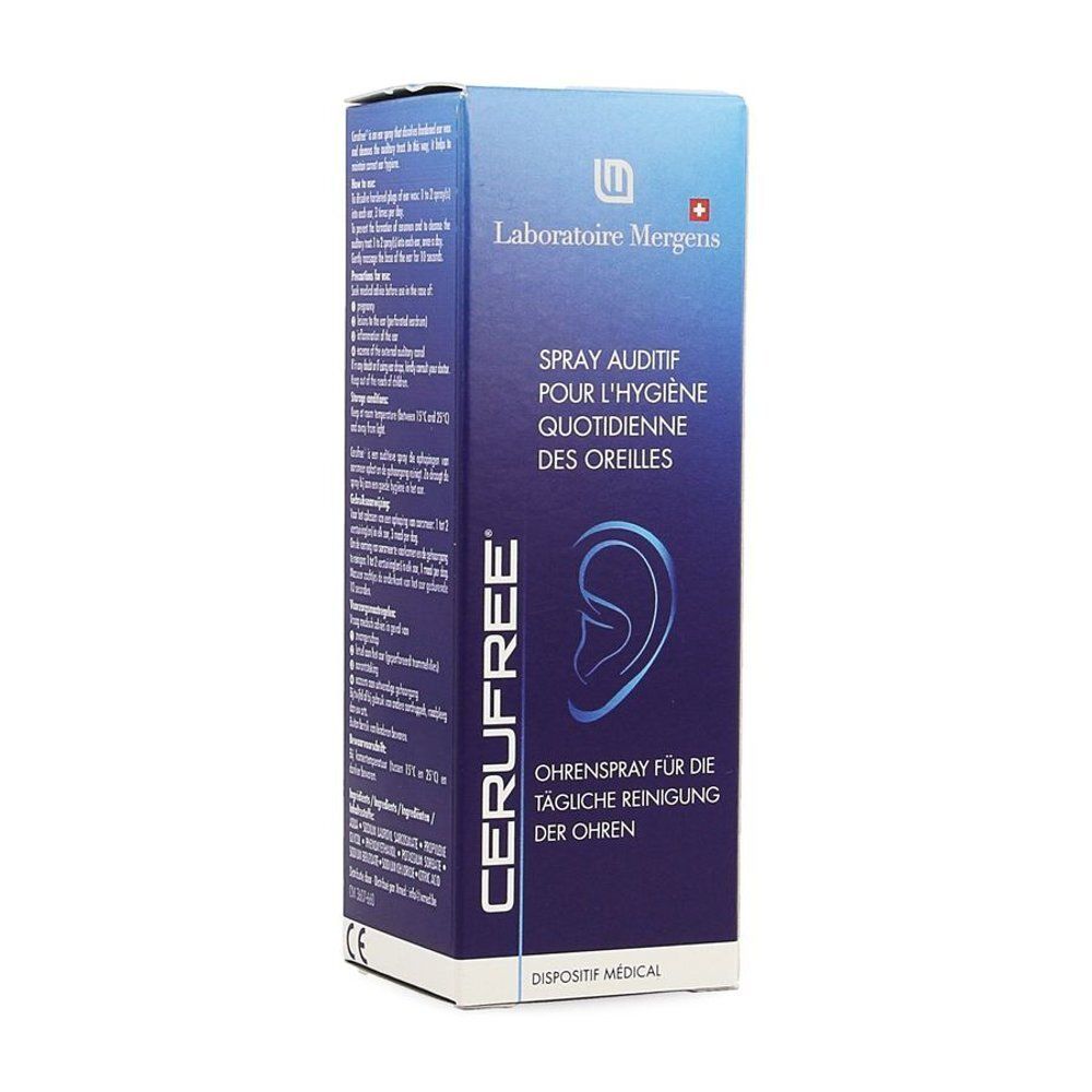Boîte de spray auriculaire Cerufree. Emballage bleu avec texte et illustration d'oreille. Logo Laboratoire Mergens.