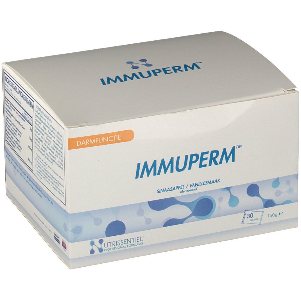 Boîte Immuperm, blanche et bleue. Nom et logo du produit. Contient 30 sachets. Goût orange/vanille. Ingrédients et informations nutritionnelles.