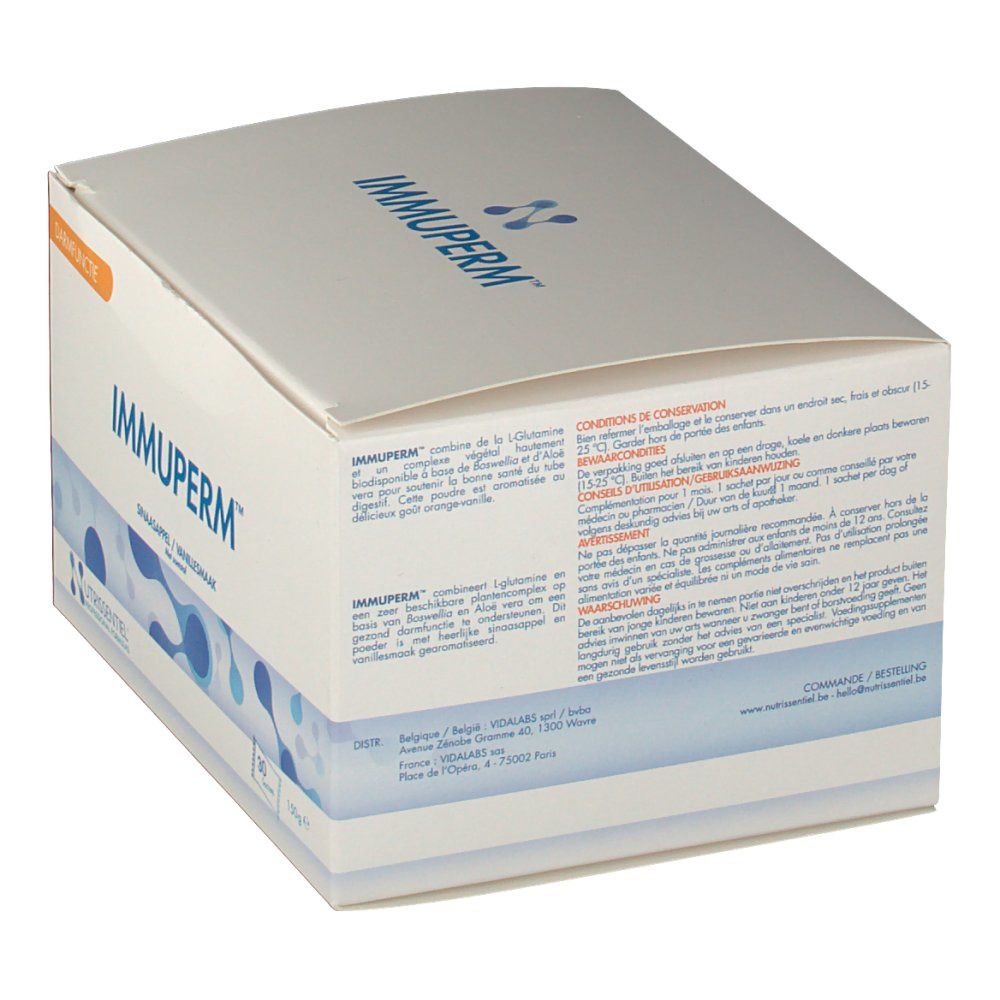 Boîte Immuperm, blanche et bleue. Nom et logo du produit. Informations sur l'utilisation et la conservation. Texte en plusieurs langues.