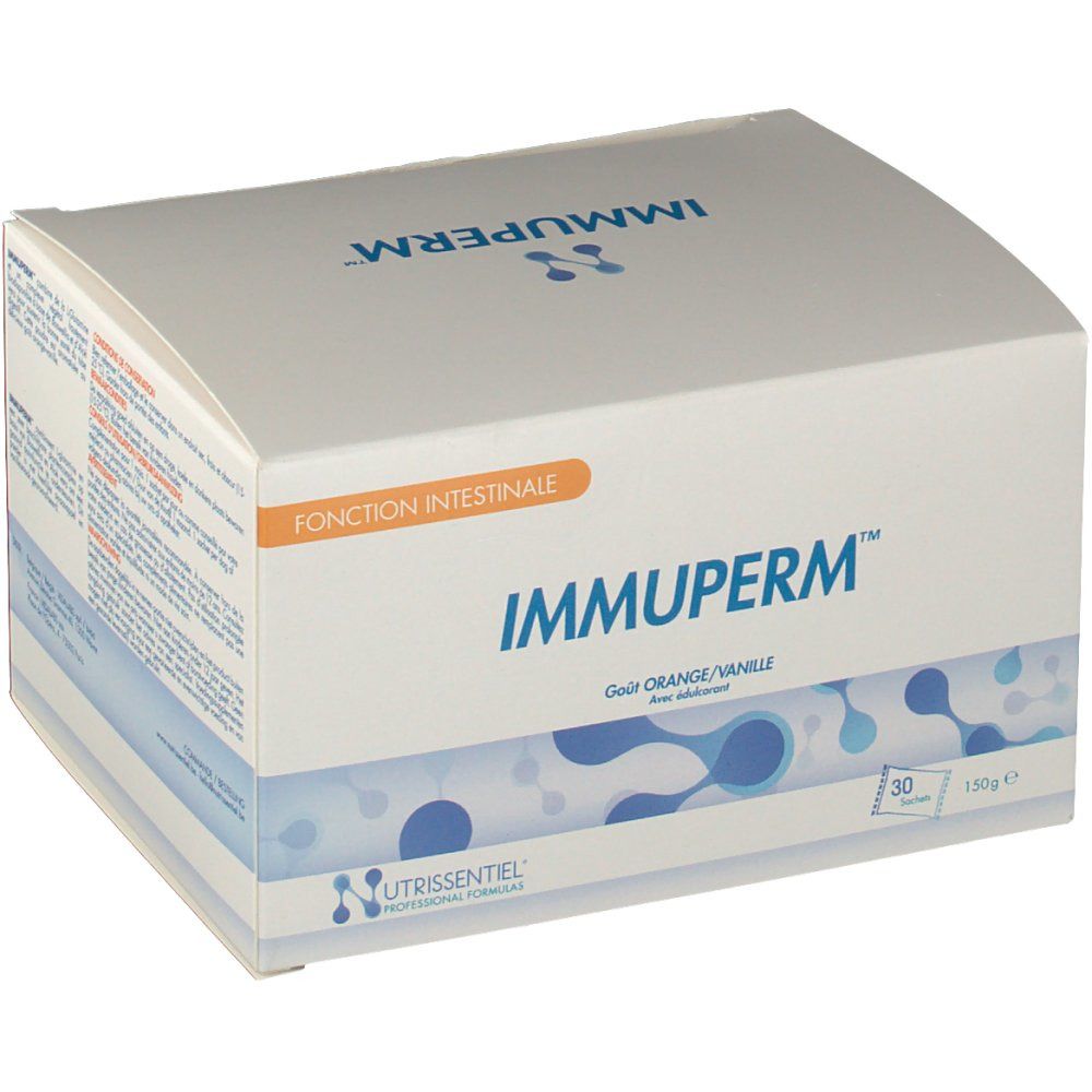 Boîte Immuperm, blanche et bleue. Nom et logo du produit. Goût orange/vanille. Contient 30 sachets. Fonction intestinale.
