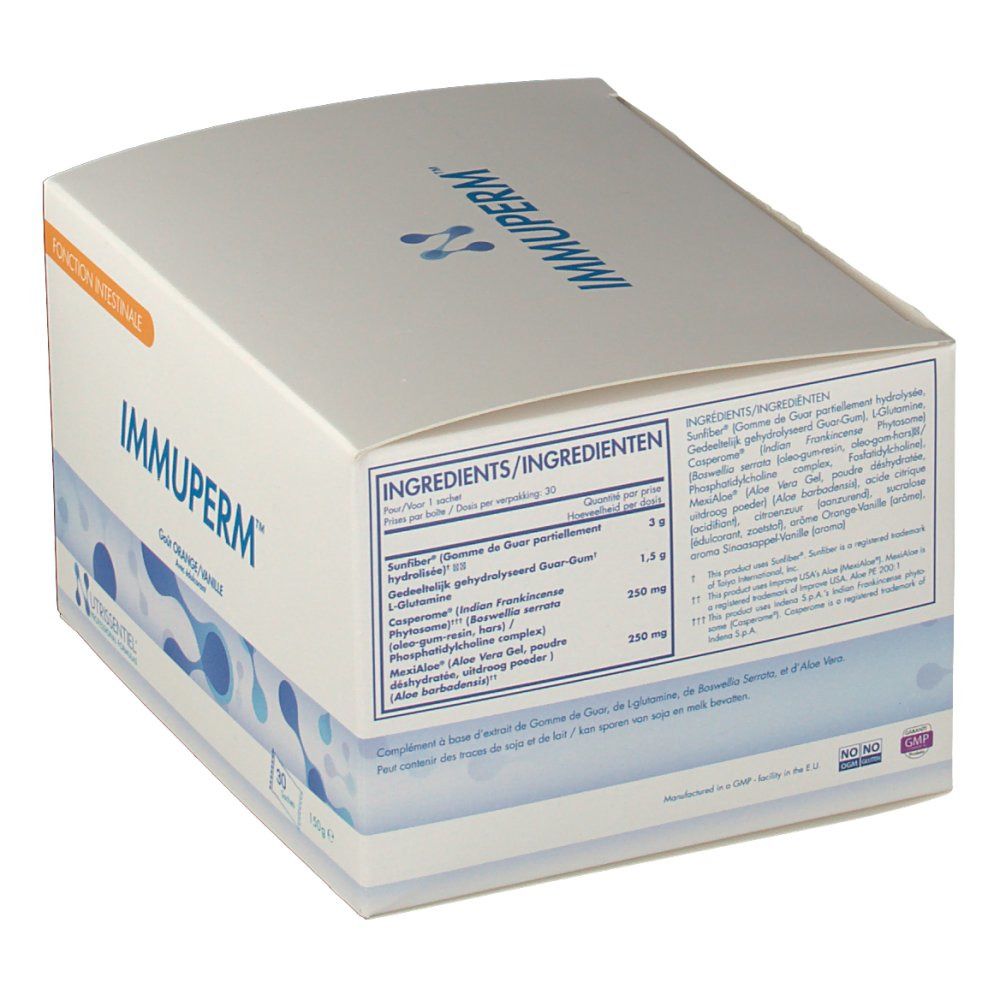Boîte Immuperm, blanche et bleue. Nom et logo du produit. Liste des ingrédients. Goût orange/vanille. Contient 30 sachets.