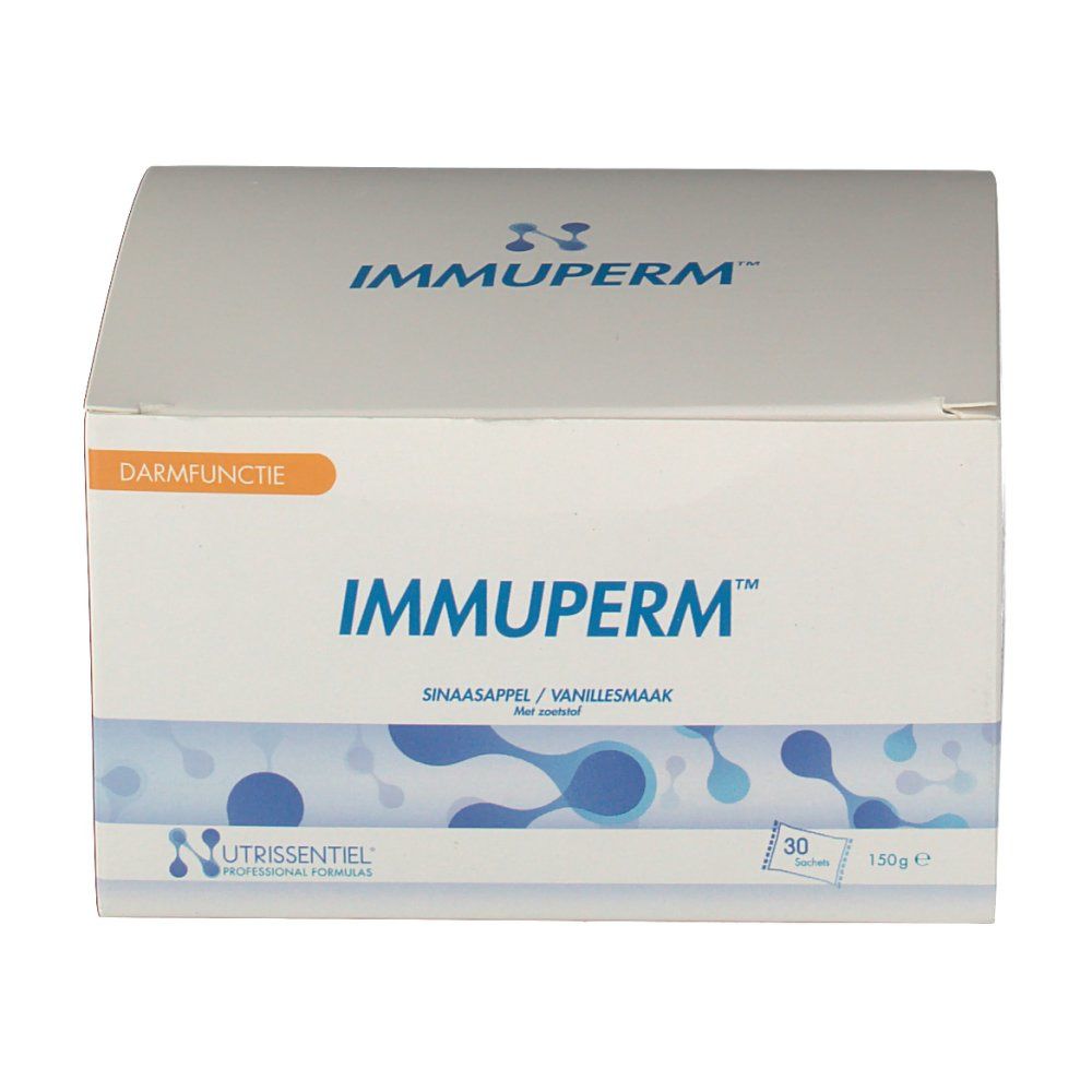 Boîte Immuperm, blanche et bleue. Nom et logo du produit. Contient 30 sachets. Goût orange/vanille. Fonction intestinale.