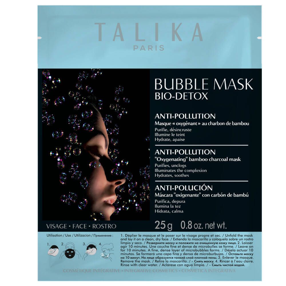 Achterkant van de TALIKA Bubble Mask Bio-Detox verpakking. Meertalige tekst, ingrediënten en barcode.
