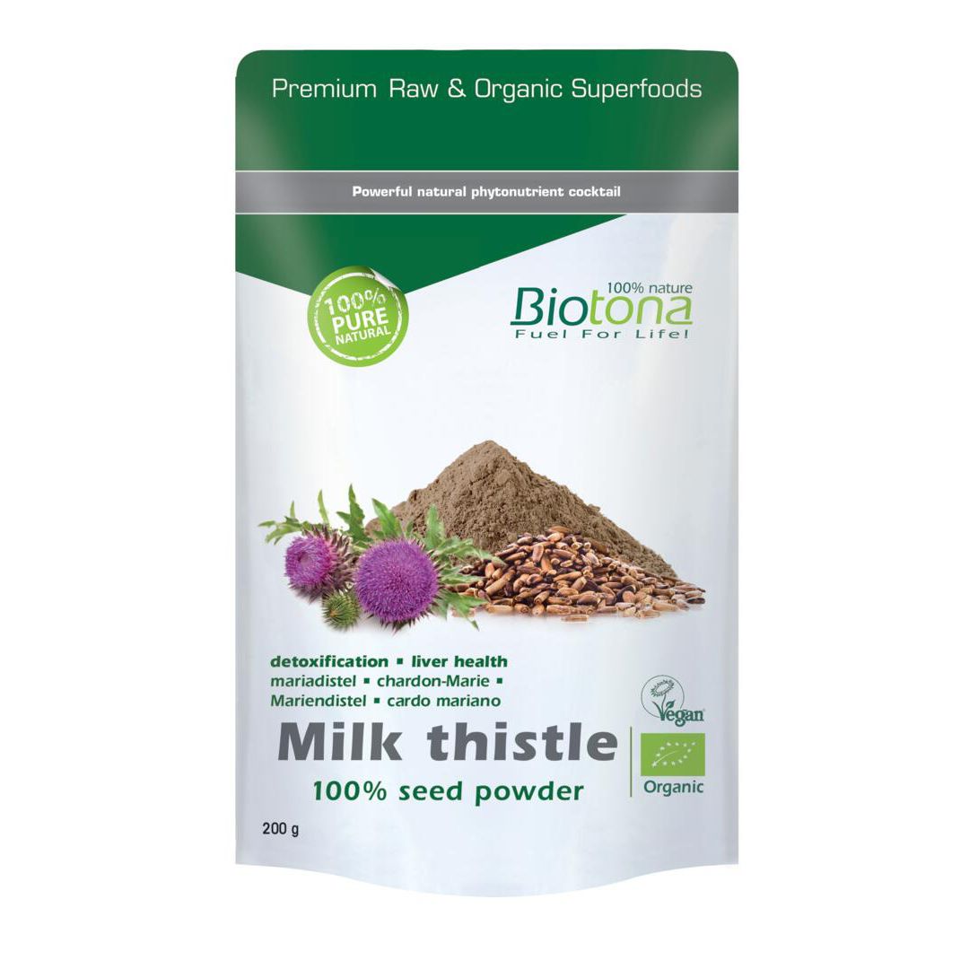 Zakje Biotona Milk Thistle. Opschrift: 100% Pure Natural, Milk Thistle 100% seed powder, Detoxification, Vegan, Organic.