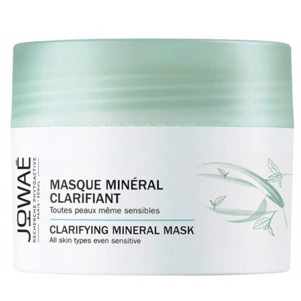 Witte pot met groene deksel. Opschrift: JOWAE, Masque Minéral Clarifiant, Clarifying Mineral Mask.