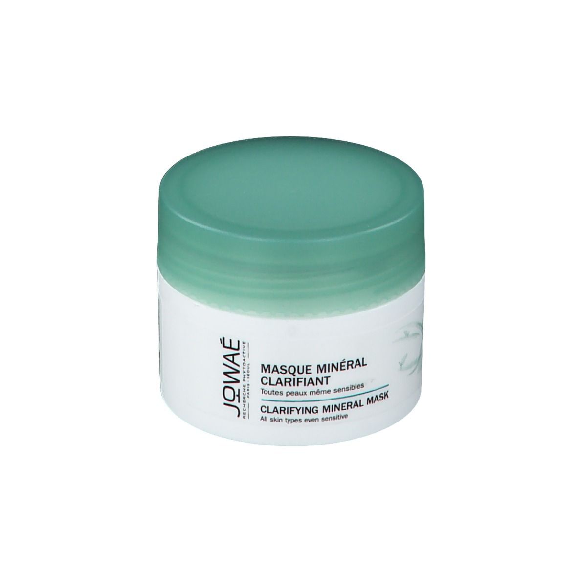 Witte pot met groene deksel. Opschrift: JOWAE, Masque Minéral Clarifiant, Clarifying Mineral Mask.