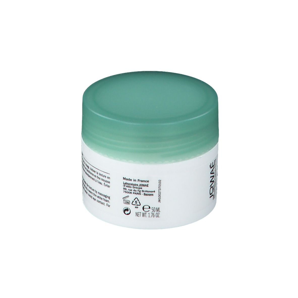 Witte pot met groene deksel. Opschrift: JOWAE, Masque Minéral Clarifiant, Clarifying Mineral Mask.