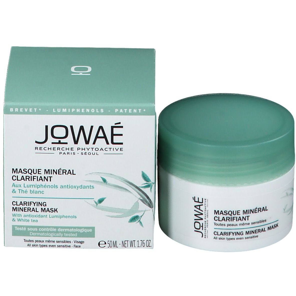 Productverpakking met pot en doos. Opschrift: JOWAE, Masque Minéral Clarifiant, Clarifying Mineral Mask.