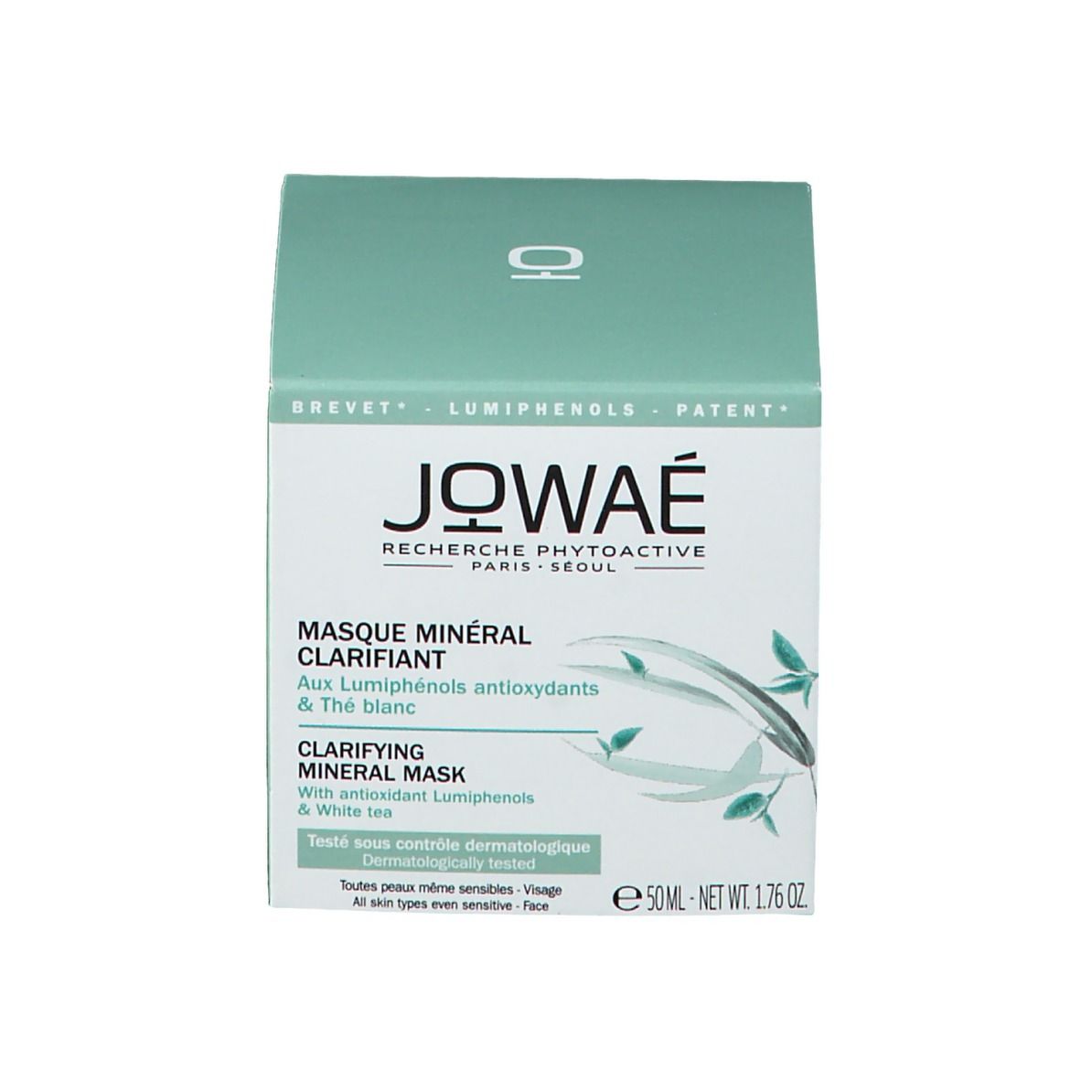 Productverpakking met doos. Opschrift: JOWAE, Masque Minéral Clarifiant, Clarifying Mineral Mask.