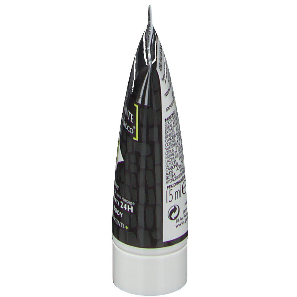 Crèmetube, zwart-wit, met productinformatie en ingrediënten. 15 ml.