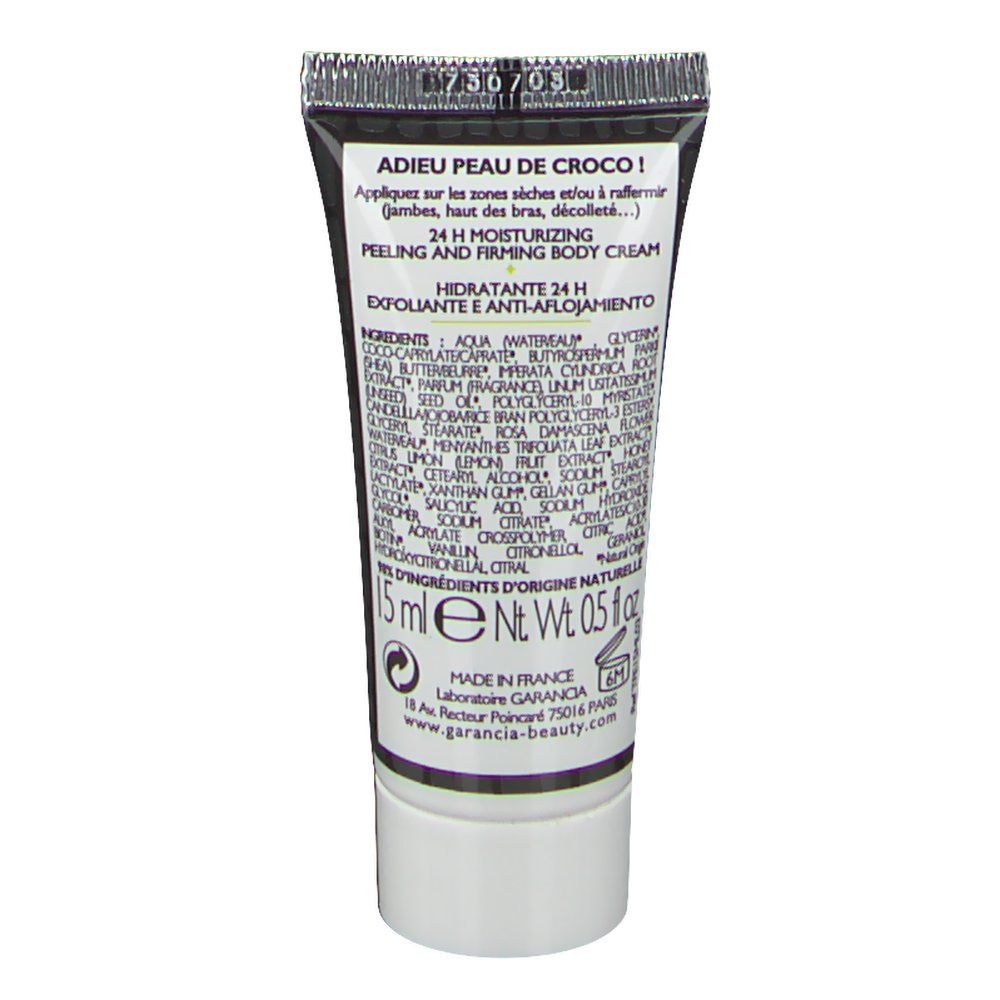 Achterkant van de crèmetube met tekst en ingrediënten. 15 ml.