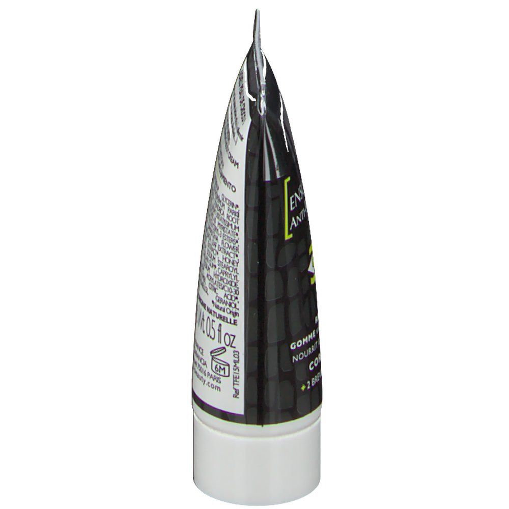 Crèmetube, zwart-wit, met productinformatie en ingrediënten. 15 ml.