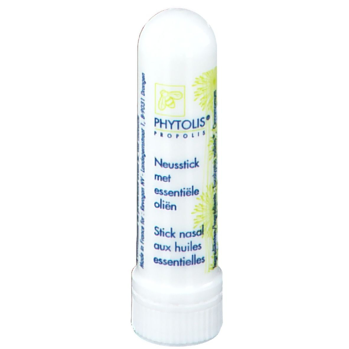 Inhalateur nasal cylindrique blanc avec bouchon à vis. Inscriptions: Phytolis Propolis, Neusstick met essentiële oliën, Stick nasal aux huiles essentielles.