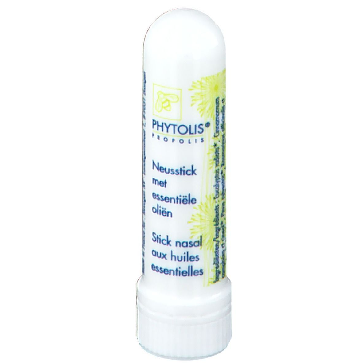 Inhalateur nasal cylindrique blanc avec bouchon à vis. Inscriptions: Phytolis Propolis, Neusstick met essentiële oliën, Stick nasal aux huiles essentielles.