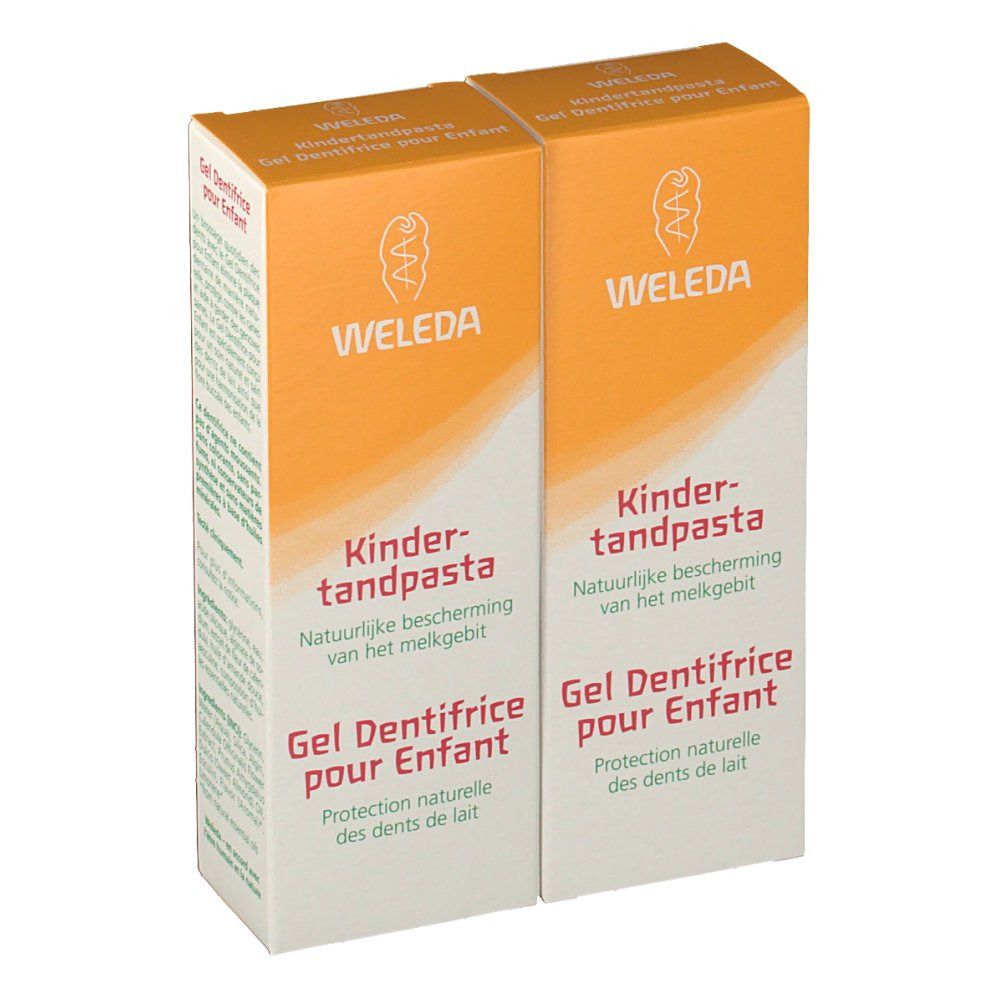 Twee rechthoekige dozen. Opschrift: WELEDA, Kinderzahnpasta, Gel Dentifrice pour Enfant. Oranje-witte kleurstelling.