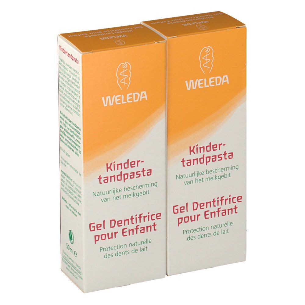 Twee dozen. Opschrift: WELEDA, Kinderzahnpasta, Gel Dentifrice pour Enfant. Oranje-witte kleurstelling. 50ml-aanduiding.