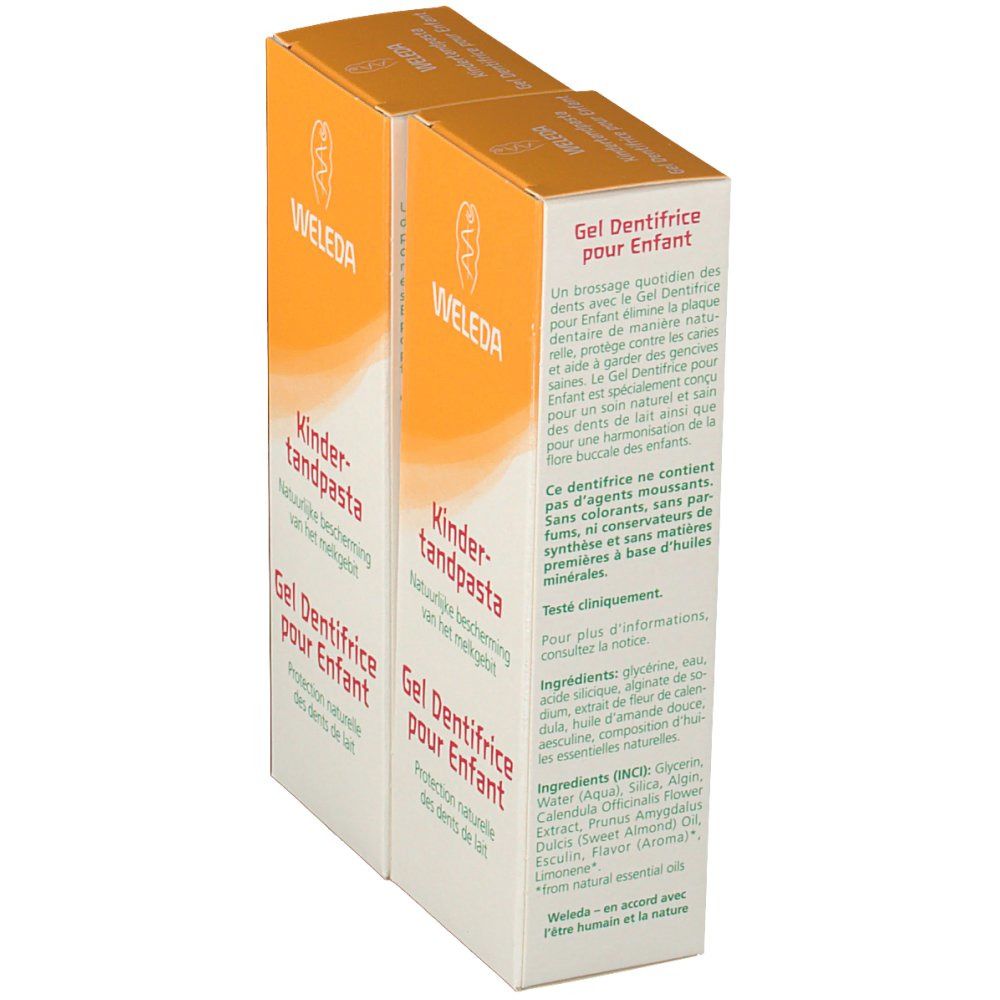 Twee dozen, zijaanzicht. Opschrift: WELEDA, Kinderzahnpasta, Gel Dentifrice pour Enfant. Tekst en ingrediënten. Oranje en wit.