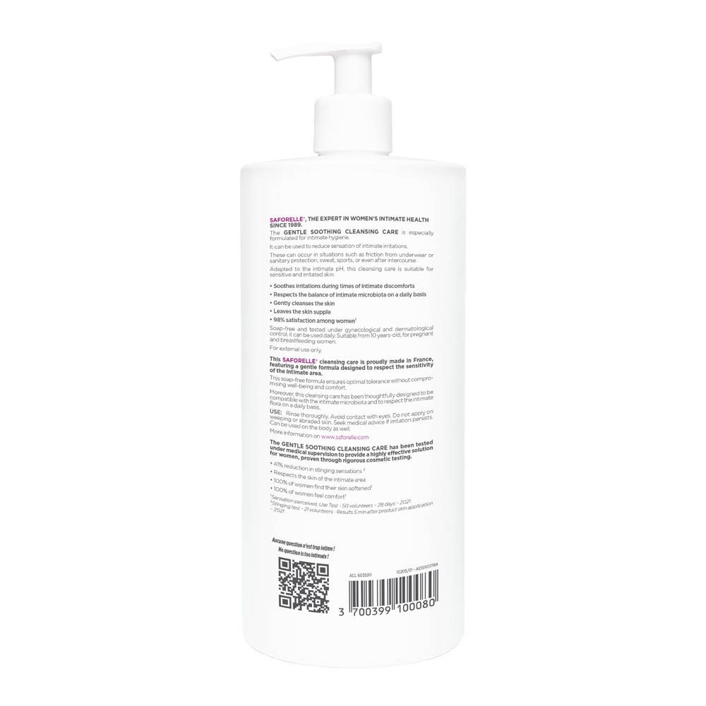 Arrière du flacon pompe Saforelle Soin Lavant Doux Apaisant 1L avec informations détaillées.