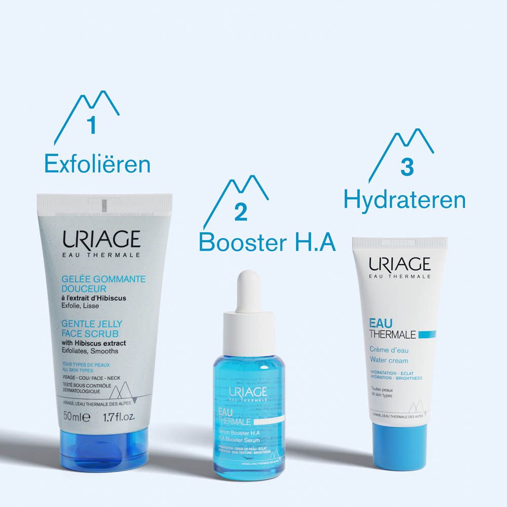 Uriage productroutine. Reinigingsschuim, peeling gel, serum en crème.