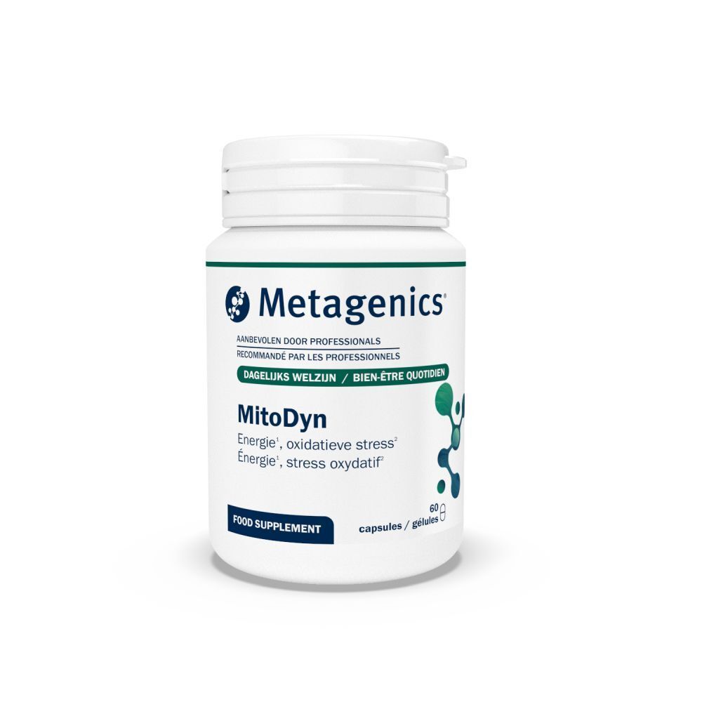 Witte fles met capsules. Opschrift: MitoDyn, Metagenics. 60 capsules. Energie, oxidatieve stress.