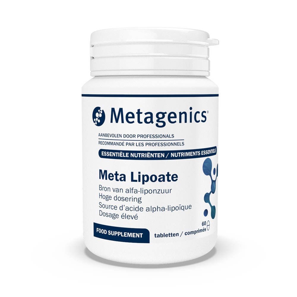 Flacon blanc de Meta Lipoate. Inscription: Complément alimentaire. Marque: Metagenics.