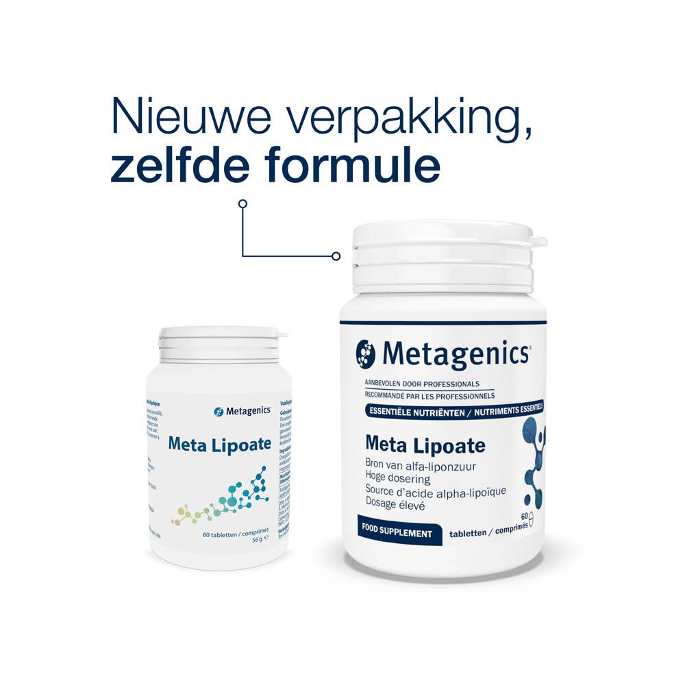 Twee witte flessen Meta Lipoate. Opschrift: Nieuwe verpakking, zelfde formule. Merk: Metagenics.