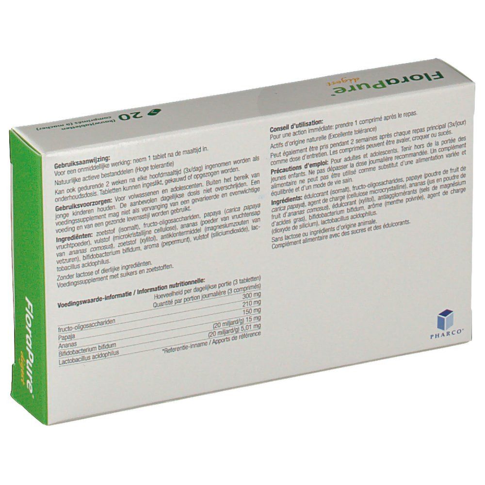 Achterkant van de doos. Tekst in meerdere talen. Bevat informatie over ingrediënten en voedingswaarde. Merk: Pharco.