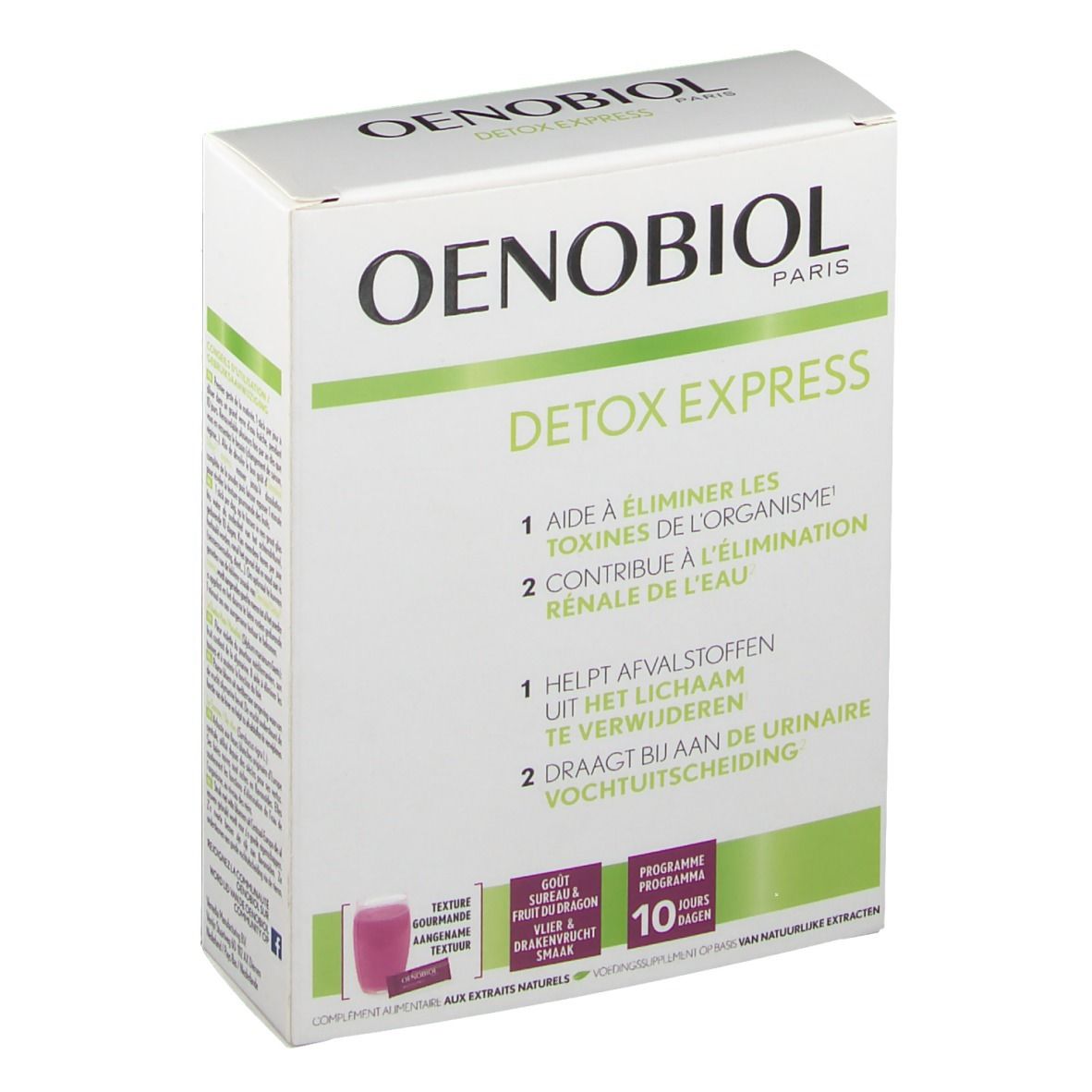 Verpakking Oenobiol Detox Express. Witte doos met groene accenten. Tekst: Detox Express, 10 dagen programma. Afbeelding van een zakje.