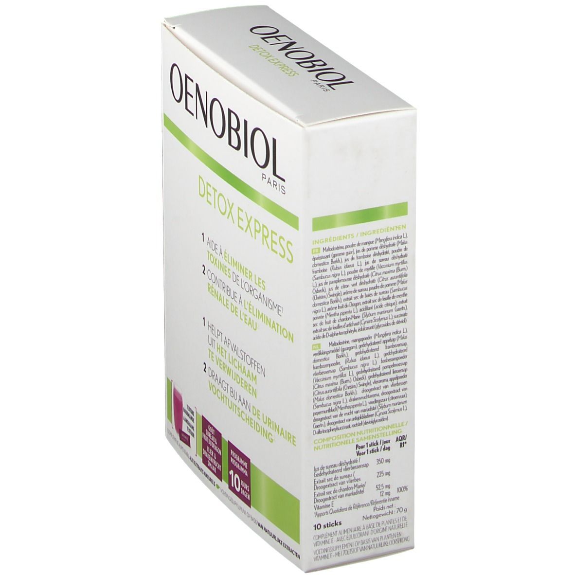 Verpakking Oenobiol Detox Express. Witte doos met tekst en informatie. Groene accenten. Achterkant met productinformatie.