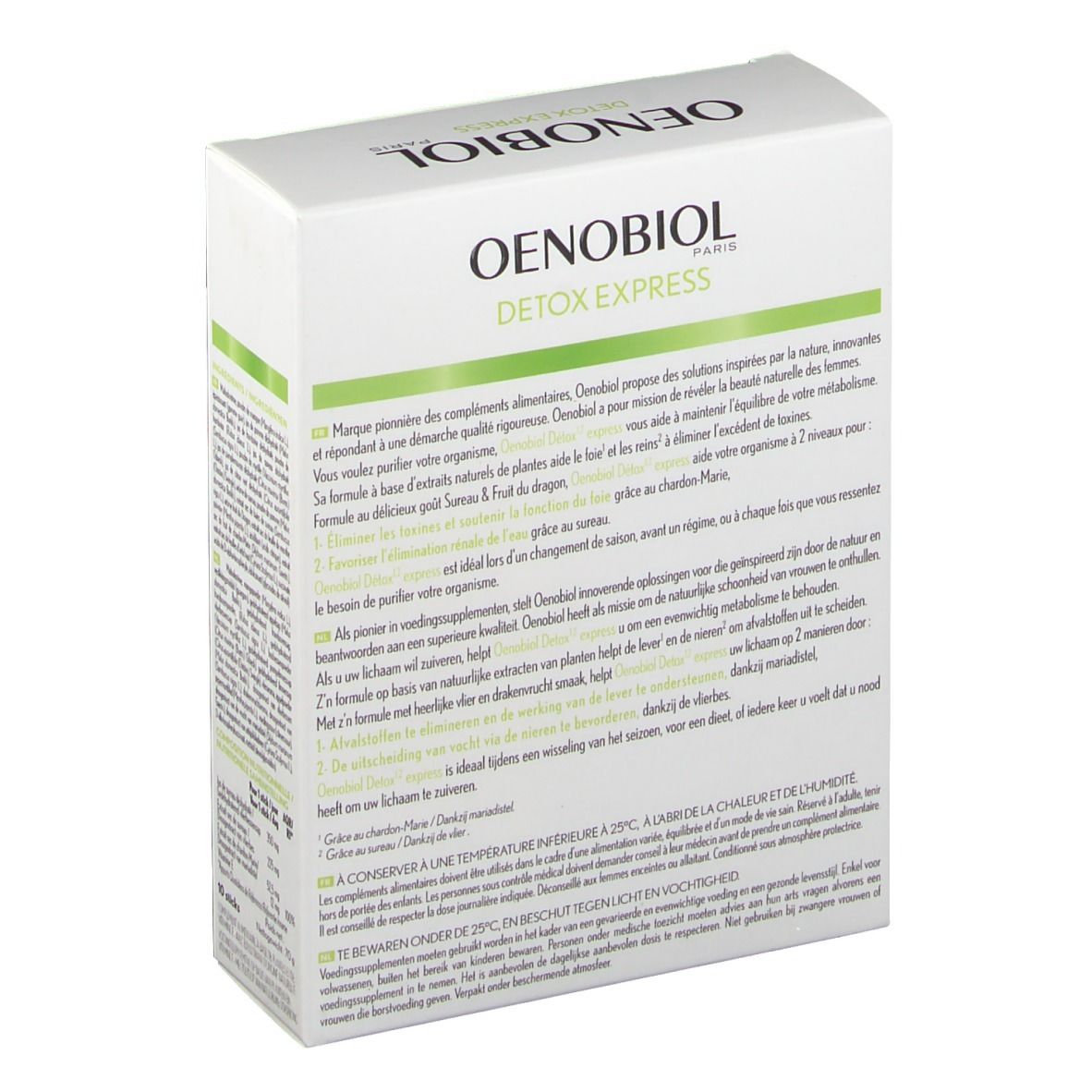 Verpakking Oenobiol Detox Express. Witte doos met tekst. Achterkant met productinformatie en ingrediënten. Groene accenten.