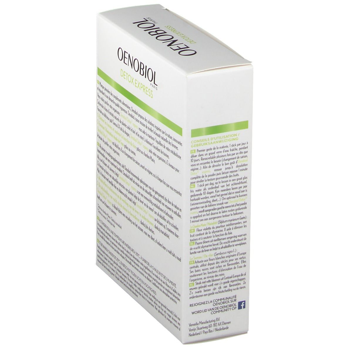 Verpakking Oenobiol Detox Express. Witte doos met tekst. Achterkant met productinformatie. Groene accenten. Hoekweergave.