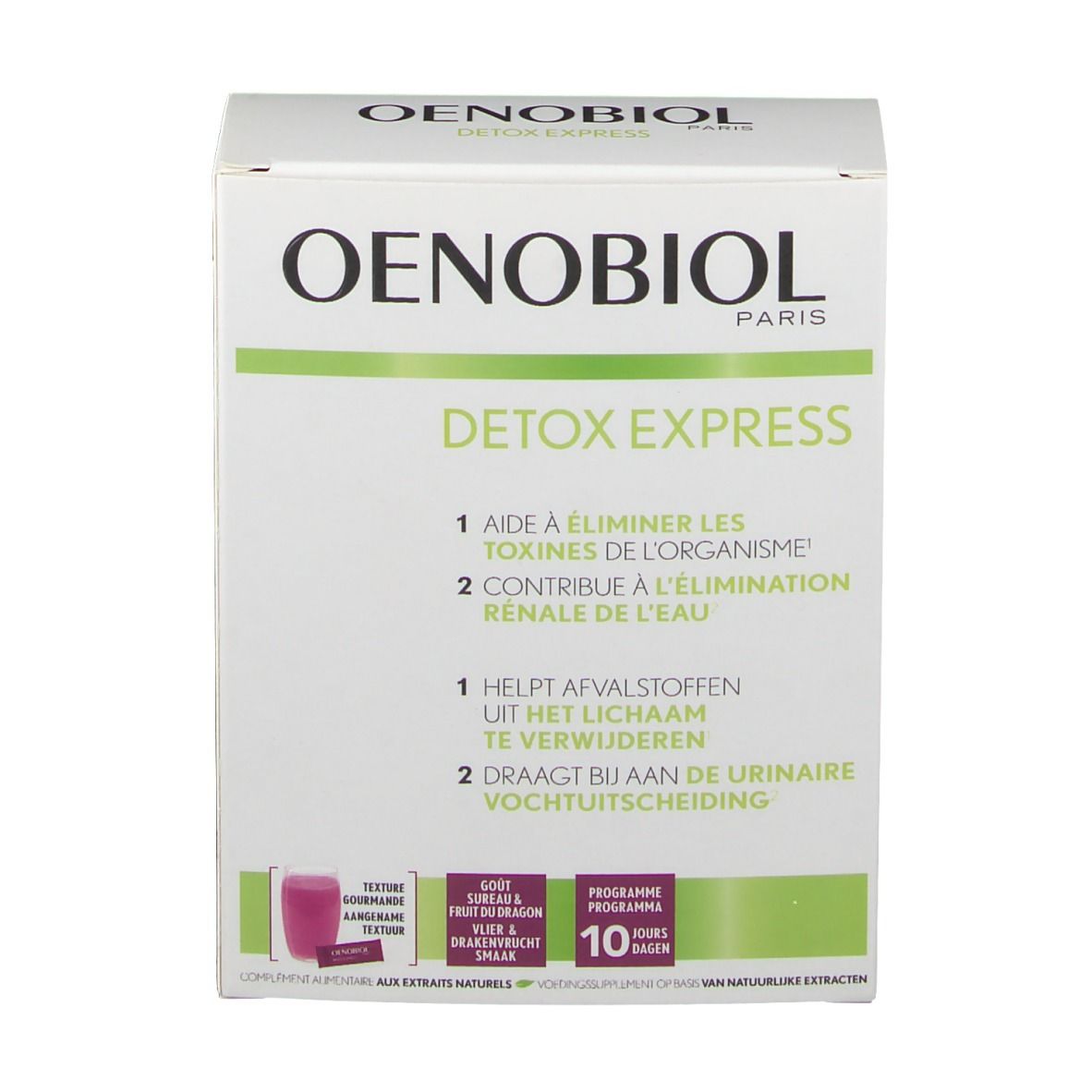 Verpakking Oenobiol Detox Express. Witte doos met groene accenten. Tekst: Detox Express, 10 dagen programma. Afbeelding van een zakje.