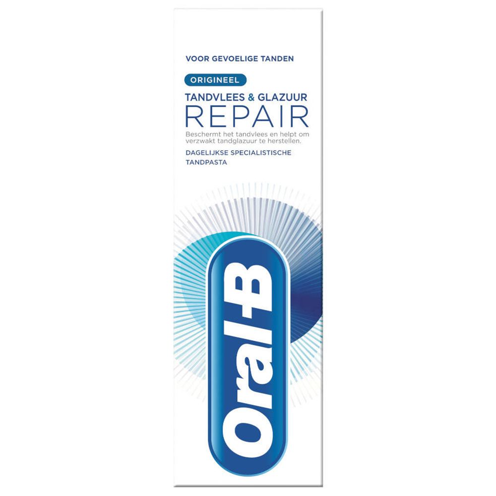 Oral-B tandpastatube. Opschrift: TANDVLEES & GLAZUUR REPAIR. Blauw en witte verpakking.