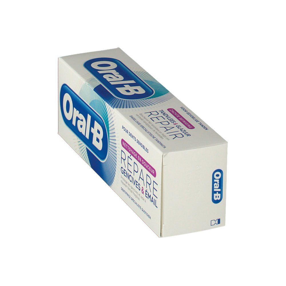 Tandpastaverpakking. Wit, met blauw logo en tekst. "Tandvlees & Glazuur Repair" en "Oral-B" zichtbaar.