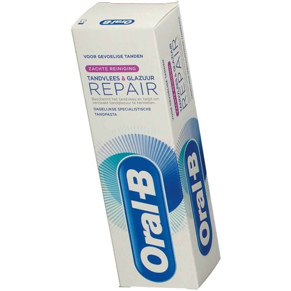 Tandpastaverpakking. Wit, met blauw logo en tekst. "Tandvlees & Glazuur Repair" en "Oral-B" zichtbaar.