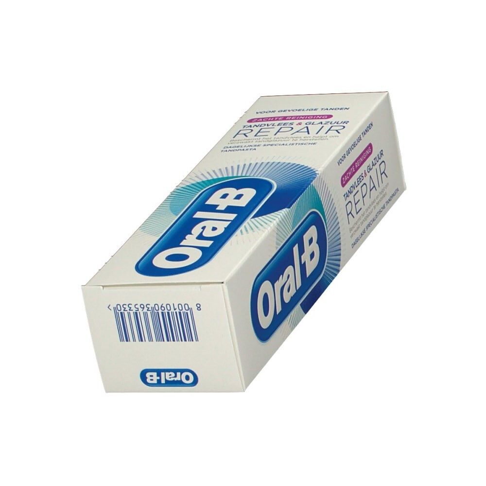 Tandpastaverpakking. Wit, met blauw logo en tekst. "Tandvlees & Glazuur Repair" en "Oral-B" zichtbaar.